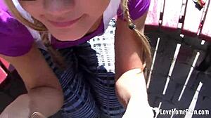 Innocent cutie at playground excels in deepthroat sucking