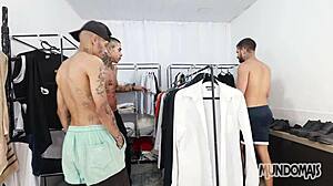 Hidden in office closet, he sucks monster cock then gets bareback fucked.