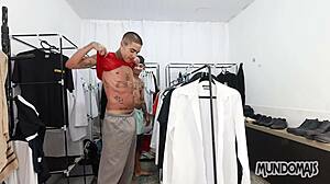 Hidden in office closet, he sucks monster cock then gets bareback fucked.