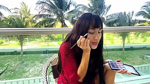 Sexy Brunette Beauty Reveals Flawless Makeup Secrets. Stunning Long Hair and Cute Charm Shine Through!