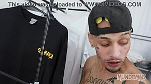 Hidden in office closet, he sucks monster cock then gets bareback fucked.