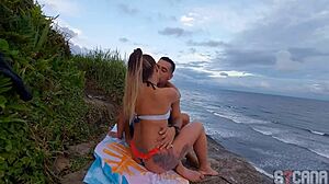 man fucks hot blonde on itanhaem beach