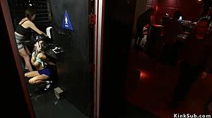 busty slave says, 'i'm pissing in the men's room'