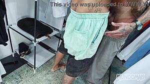 Hidden in office closet, he sucks monster cock then gets bareback fucked.