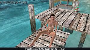 Cute girl masturbates on beach with fingers and banana in 3d