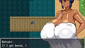 In the hentai game, tanned Natsuki flashes her huge tits to help the captain masturbate.
