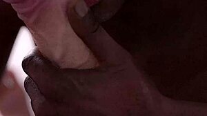 Black guy eagerly sucks huge white cock in intense blowjob.