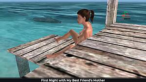 Cute girl masturbates on beach with fingers and banana in 3d