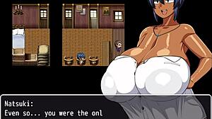 In the hentai game, tanned Natsuki flashes her huge tits to help the captain masturbate.