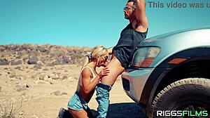 Fitness model with fake tits gets creampied by big cock in public orgasm