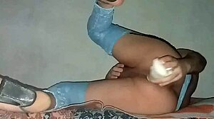 Sofi Black in Blue Nylon Lingerie Stretches with Big Toy