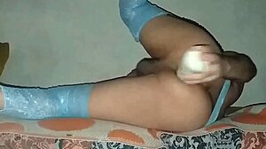 Sofi Black in Blue Nylon Lingerie Stretches with Big Toy