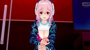 Super Sonico, the anime model, grows increasingly aroused during her photoshoot, her desires building as she poses seductively.