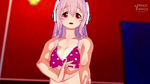 Super Sonico, the anime model, grows increasingly aroused during her photoshoot, her desires building as she poses seductively.