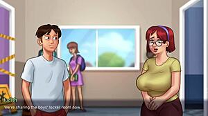 summertime saga unfolds with busty redhead judith flashing huge tits. this innocent college student teases in the bathroom hentai scene.