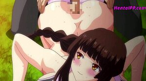 Two hot babes fucking on the sports field in hentai group threesome