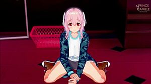 Super Sonico, the anime model, grows increasingly aroused during her photoshoot, her desires building as she poses seductively.