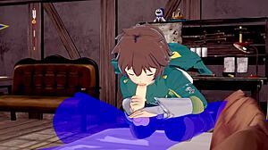 Hey, kreeg Kazuma net een pijpbeurt met zaad in mond in deze Konosuba yaoi game?