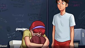 summertime saga unfolds with busty redhead judith flashing huge tits. this innocent college student teases in the bathroom hentai scene.