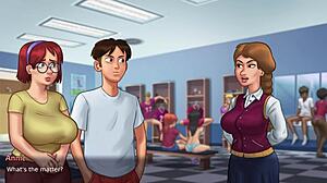 summertime saga unfolds with busty redhead judith flashing huge tits. this innocent college student teases in the bathroom hentai scene.