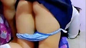 Real Mexican student gets horny in school uniform, voyeurs watch her masturbate then guy assists with creampie assfucking in public.