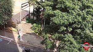 Teen otaku gives sloppy blowjob on balcony.