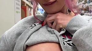 Busty Babe Flashes Pierced Nipples in Public Home Store