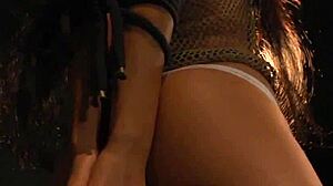 ass-plugged slave swallows cum after rough bondage mouth fuck