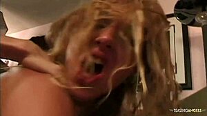 Filthy blonde banged from behind by two horny guys