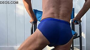 I’m tryin’ deep pelvic stretchin’ in blue briefs on that chair, October 2024