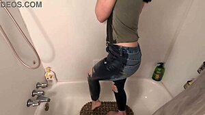 amateur pee desperation hits hard with golden shower on horny girlfriend slut in shower!