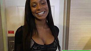 ebony babe teases herself before riding hard cock