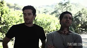 Blonde gets double penetration in group blowjob