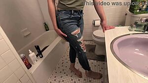 amateur pee desperation hits hard with golden shower on horny girlfriend slut in shower!