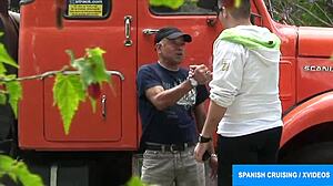 European bisexual trucker feels intense pleasure from blowjob on his big cock by another guy