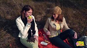 Two Brunettes Enjoy Lesbian Sex With Strapon On Hike