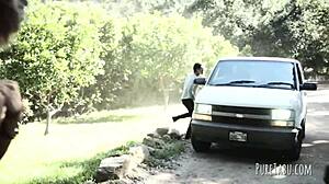 Blonde gets double penetration in group blowjob