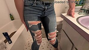 amateur pee desperation hits hard with golden shower on horny girlfriend slut in shower!