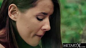 Look at this green-eyed beauty with perfect breasts touching herself outdoors!