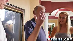 experienced blonde teen 18+ enjoys two dongs in group blowjob