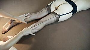 horny milf gets soles massage in nylon stockings with sexy feet tickling