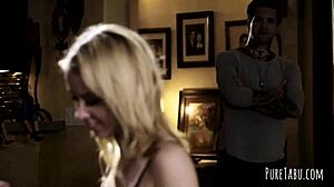 Blonde gets double penetration in group blowjob