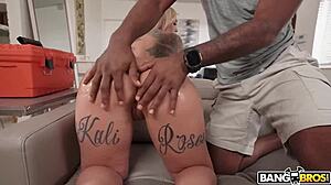 Kali Roses pays repairman Jay Bangher with her curvy frame.