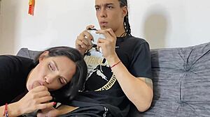 While my stepbro games, I play with his huge cock. Can't resist that deepthroat action!