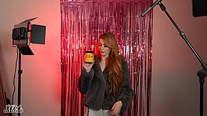 Redhead with Big Tits Enjoys Oily Halloween Footjob and Handjob Riding