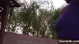 Petite teen licks big monster cock before cumshot on small tits