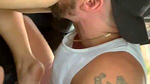 Blonde babe licks ass and gives foot job in public car.