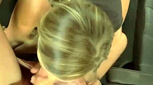 Blonde babe licks ass and gives foot job in public car.