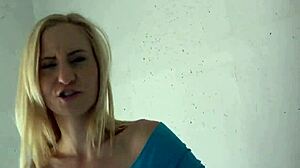 Busty blonde in public stairwell from pov view