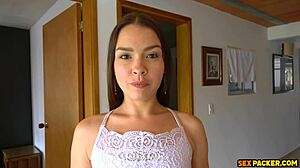 Skinny Latina whore downs big dick before rough anal pounding